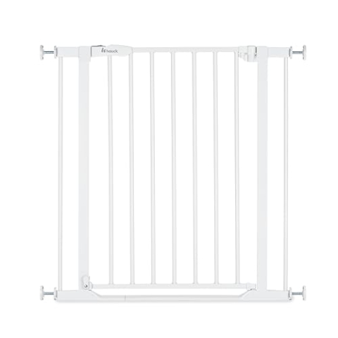 hauck Treppenschutzgitter Türschutzgitter Clear Step 2, für Breiten 75-80 cm, Ultra Flache Schwelle, ohne Bohren, Einhändiges Beidseitiges Öffnen, Manueller Schließmechanismus, Metall (White)