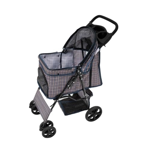 Haustierwagen, blauer Tartan-Träger, faltbarer Reisewagen, 15 kg Kapazität, 4 Räder, Bremsen, Katze, Hund, Sicherheitshaken, Leine, Kissen, Netzfenster, Korb, Getränkehalter, wasserdichter Regenschutz