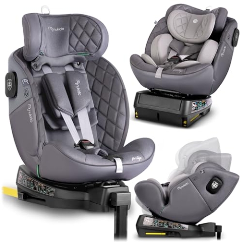Nukido Kindersitz 360 Drehbar Autositz Kinder Kinderautositz i-Size ISOFIX 5 Punkt Sicherheitsgurt 0-12 Jahre Bis 36 kg Grau Prestige Line