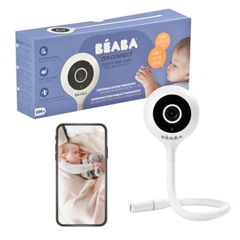 BÉABA - Babyphone Zen Connect - Video-Babyphone - 1080 p Full-HD-Kamera - Walkie-Talkie, große Reichweite - Verbindung mit Mobilnetzwerk und WLAN möglich - Schlaflieder, flexible Stange - Weiß