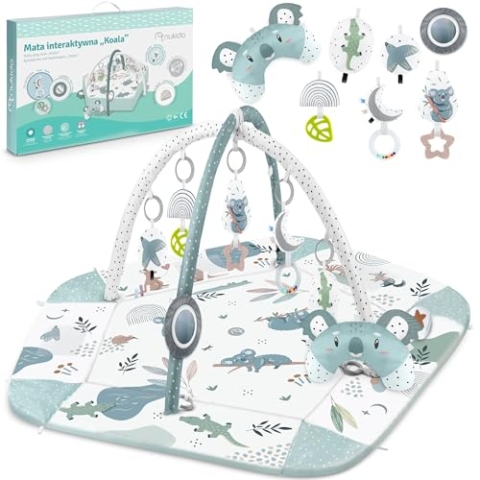 Nukido Interaktives Spielbogen Baby 5in1 Krabbeldecke für Baby Spielmatte mit 5 Wänden Laufstall Baby Babynestchen Neugeborene mit Bauchzeit Kissen 2 Bogen mit 7 Sensorik Spielzeug Mint