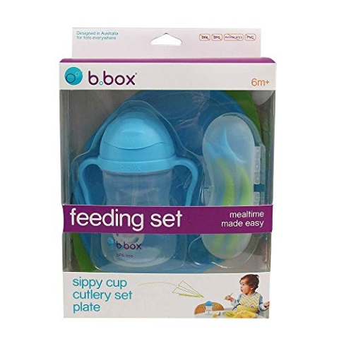 b.box Futter-Set | Silikon-Teller, Schnabeltasse und 2 weiche Löffel, hilft beim Selbstfüttern, verstellbares Lätzchen, leicht zu reinigen | Ocean Breeze