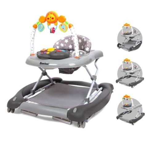 Baninni Maya Lauflernhilfe für Babys, 5-in-1, skalierbar, mit Musik und Licht, leise Räder, Schaukelmodus, ab 6 Monaten, Grau
