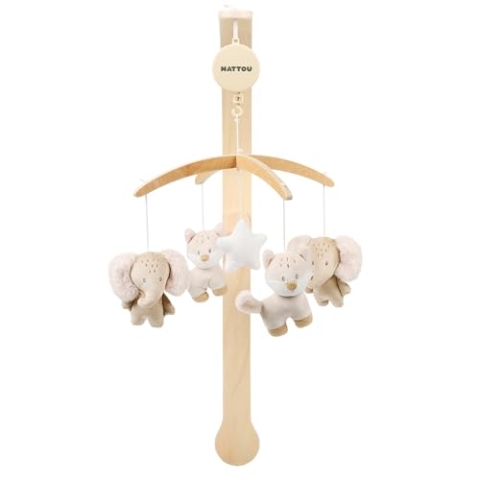 Nattou Mobile mit Spieluhr aus Holz und Polyester, Fuchs und Elefant, Sanftes Wiegelied "La-Le-Lu", Ca. 50 cm, Flo, Oli & Ernest, Flo Beige
