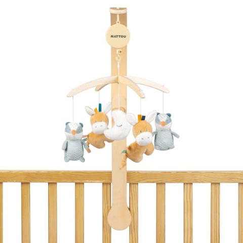 Nattou Mobile mit Spieluhr aus Holz und Polyester, Dachs und Esel, Sanftes Wiegelied "La-Le-Lu", Felix und Leo, Beige