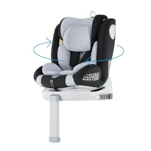 Babify Kindersitz – Um 360° Drehbarer Isofix Kinderautositz Mit Stützfuß, Nach ECE R129 Zugelassen, Vorwärts Und Rückwärts, 40–150 cm (0–12 Jahre), Verstellbare Kopfstütze, 5-Punkt-Gurt, Grau