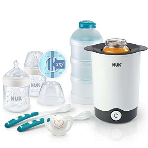 NUK Nature Sense Perfect Starter Set Mahlzeit | 2 Babyflaschen | Genius Schnuller | Thermo Express Flaschenwärmer | 2 Fütterlöffel | Milchpulverportionierer | BPA-frei