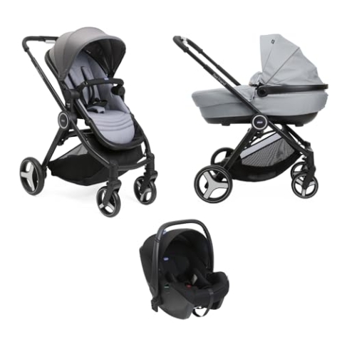 Chicco Trio Best Friend Kinderwagen Trio 3in1 Modulares System mit Kinderwagen, Tragewanne und Babyschale 40-80 cm, mit faltbarem und kompaktem Verschluss, grau