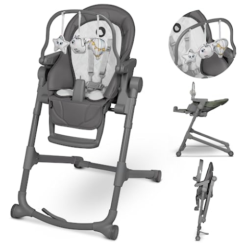 LIONELO Cora Plus 2 in 1 Kinderhochstuhl 6-36 Monate/15 kg, Klappbarer Kinderhochstuhl mit Liegefunktion bis 9 kg, Höheneinstellung, Spielbogen