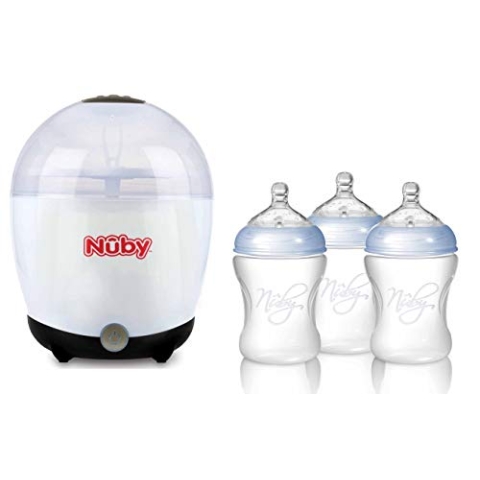 Nuby NTVP39 Vaporisator/Sterilisator für 5 Flaschen und Zubehör inklusiv 3x PP Flasche, 240 ml, weiß