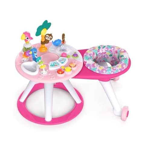 Bright Starts, Around We Go Tropic Coral 2-in-1 Spielstation & Lauflernwagen, Spieletisch mit Lichtern & Musik, 10 Aktivität Spielzeug, motorische Entwicklung, rosa, ab 6 Monaten