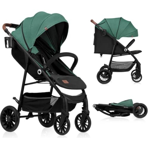 LIONELO Zoey Kinderwagen Buggy bis zu 15 kg, XXL-Verdeck mit Sonnenschutz, Liegeposition, Fußstützenverstellung, EVA Schaumstoffräder, Moskitonetz, zusammenklappbar Grün