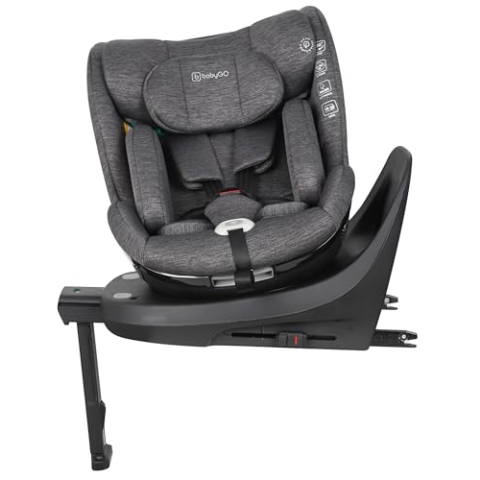 babyGO Prime 360 Kindersitz nach neuer I-Size Norm - Kindersitz/Autositz für Kinder (40-150 cm) Grau