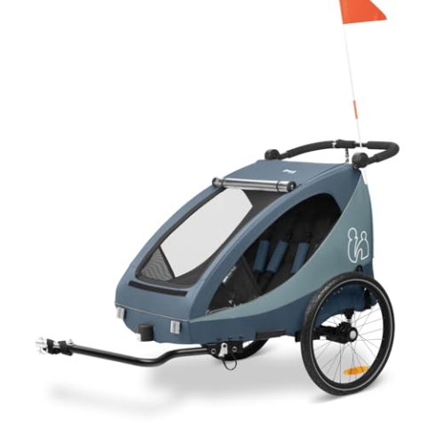 hauck Fahrradanhänger & Kinderwagen Dryk Duo Plus mit Federung, für 2 Kinder (6-48 Monate), inkl. Deichsel, Buggyrad, Fahne und LED Licht, Faltbar, Höhenverstellbar, XL Kofferaum (Dark Blue)