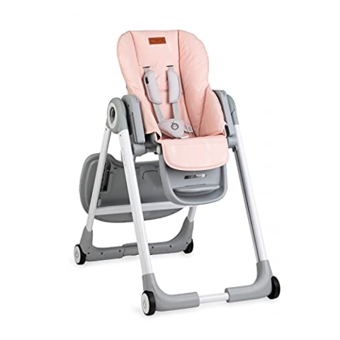 MoMi LUXURIA Kinderhochstuhl mit 4 Rollen mit Bremsfunktion, 5-Punkt-Sicherheitsgurt, klappbar, höhenverstellbar (7 Stufen), verstellbare Rückenlehne (5 Stufen) und Tablett (2-stufig), Fußstütze