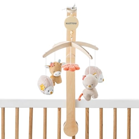 Nattou Mobile mit Spieluhr aus Holz und Velours, Igel, Kuh und Katze, Sanftes Wiegelied "La-Le-Lu", Ca. 65 x 31 cm, Mila, Zoë und Lana, Beige