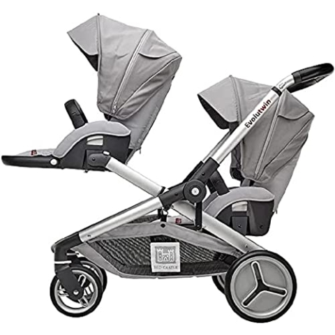 RED CASTLE, Kinderwagen, Zwilling/Tandem/doppelt, ab der Geburt, wendbare Sitze/Rückenlehne 3 Positionen, großer Aufbewahrungskorb, Gestell verstellbar, anpassbar, Evolutwin, grau