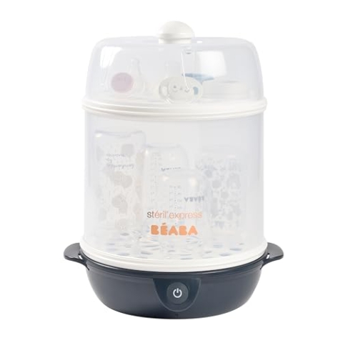 BÉABA, 2-in-1-Flaschensterilisator, Skalierbar, Elektrisch mit Dampf, 2 in 1, 2 Fächer, Bis zu 8 Flaschen & Zubehör, Ultra schnell, Zeitschaltuhr, Steril'Express, Night Blue