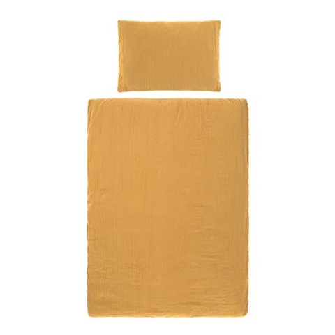 LÄSSIG Baby/Kinder Bettbezug (100 x 140 cm) und Kissen (40 x 60 cm) GOTS Muslin Baumwolle mustard