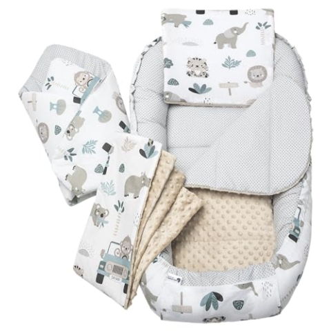 Medi Partners Babynestchen Babynest Set 100x60x15 Kuschelnest 5 teilig herausnehmbarer Einsatz Kokon Nestchen Babys Neugeborene 100% Baumwolle (Mint Zoo mit beige Minky)