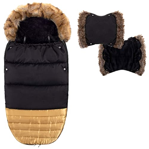 SPRINGOS Fußsack Winterfußsack 90 x 45 cm Kapuzenfell Schlittensack Kinderwagen Schlitten Rodeln mit Flecee gefüttert Frühjahr Winter (Schwarz-Gold)