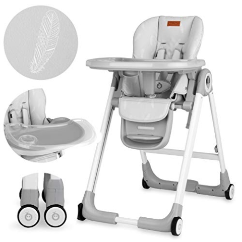 MoMi LUXURIA Kinderhochstuhl mit 4 Rollen mit Bremsfunktion, 5-Punkt-Sicherheitsgurt, klappbar, höhenverstellbar (7 Stufen), verstellbare Rückenlehne (5 Stufen) und Tablett (2-stufig), Fußstütze