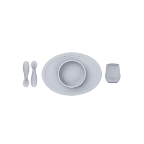 EZPZ Tiny Bowl, Cup, Spoons 4 Monate +, Schüssel, Becher und Löffel aus 100% Silikon, Hellgrau