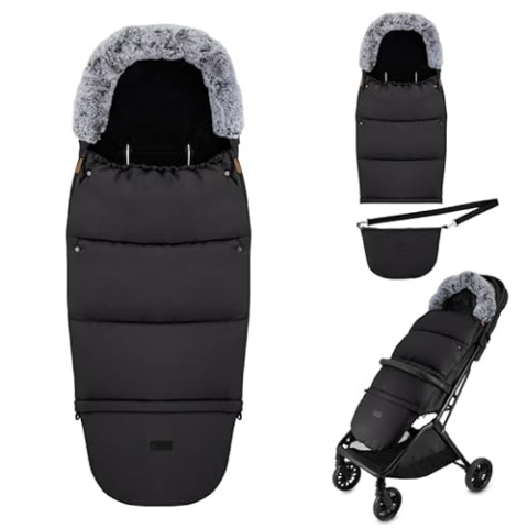 MoMi Fußsack 2 in 1 für Kinderwagen, Schlitten oder Autositz, mit Kapuze, Fellbesatz und abnehmbarem Fußteil, Reißverschluss links und rechts, Gurtschlitze, wasserabweisend