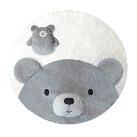 Baby-Spielmatte 3D Krabbeldecke rund | Grau Creme 90cm Durchmesser | süßer Bär-Motiv mit extra Spiel-Bär | Super Weiches Sherpa oberflache | Wendbar | passt in jedes Babyzimmer