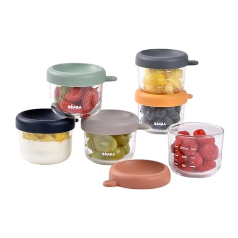 BEABA, 6er Set Glas-Portionsbehälter zur Aufbewahrung von Babynahrung/festes Glas, 100% luftdicht, hitzebeständig, kältebeständig, gefrierfest, sterilisierbar, graduiert, 150 ml, Sunrise
