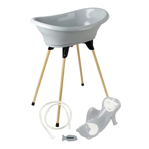 THERMOBABY - VASCO 5-in-1-Babybadepaket - Badewanne, Holzfuß, Abflusschlauch, Badeliege, Thermometer - Grau Charme - Zusammenklappbar & Stabil