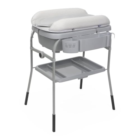 Cuddle & Bubble Babybadewanne mit Wickeltisch, ergonomisch mit Matratze und weichem Reduzierpolster, höhenverstellbar, kompakt zusammenklappbar, Eltern-Organizer, max. 11 kg, Farbe: Stone