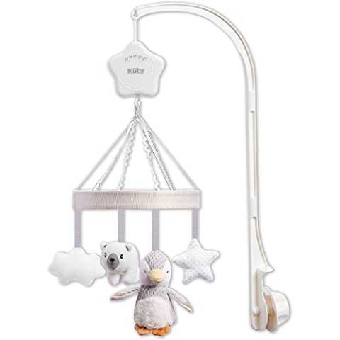 Nuby - Little Penguin Musik-Mobile Pinguin - für Babys und Kleinkinder - mit Süße Plüschtiere und verschiedene Einschlaflieder - Mobile mit Musik Grau - 0+ Monate