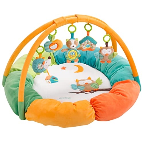 Fehn 3-D-Activity-Nest Spielbogen Eule – Baby Krabbeldecke rund mit 5 abnehmbaren Spielzeugen zum Greifen – Spieldecke für Babys und Kinder ab 0+ Monaten – Krabbelmatte als Geschenk zur Geburt
