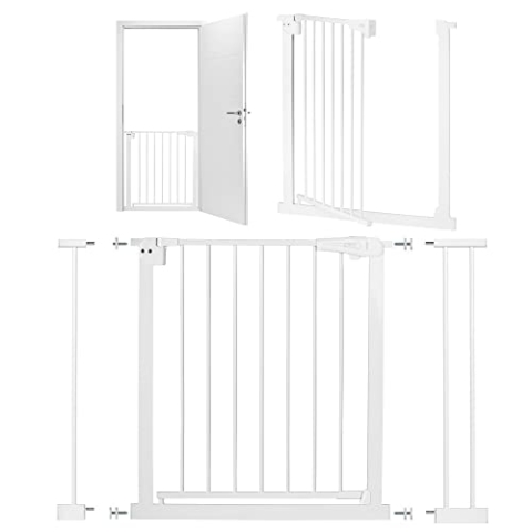 MoMi Baby-Absperrgitter PAXI, Tür- und Treppenschutzgitter 75-82 cm erweiterbar bis 103 cm, inkl. 2X Verlängerungsstücken 7 und 14 cm, ohne Bohren, Weiß