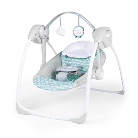 Ingenuity, Ity Ingenuity, Swingity Swing, Goij, zusammenklappbare und tragbare Babyschaukel mit 6 Schaukelgeschwingkeiten, 2 Spielzeugen, 5-Punkt-Gurt und Tragegriff