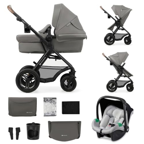Kinderkraft MOOV2 AIR Kinderwagen 3 in 1 Kinderwagenset bis 26 kg mit Kindersitz I-SIZE 40-75 cm, Buggy Funktion, Liegeposition verstellbar, Große ausziehbare Verdeck, Aufblasbare Räder, Hellgrau
