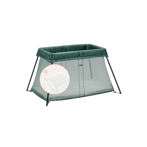 BabyBjörn Reisebett Light mit Spannbetttuch, Dunkelgrün/Baumwolle, Weiß, 1.0 Count