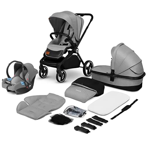 LIONELO Mika 3in1 Set Kinderwagen, Babywanne, Babyschale. Im Set Moskitonetz, Fußabdeckung, Regenschutz. Wartungsfreie Gummiräder. Leichte Konstruktion (GREY STONE)