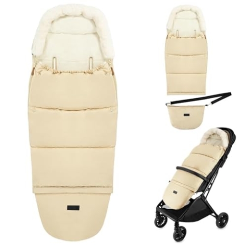 MoMi Fußsack 2 in 1 für Kinderwagen, Schlitten oder Autositz, mit Kapuze, Fellbesatz und abnehmbarem Fußteil, Reißverschluss links und rechts, Gurtschlitze, wasserabweisend