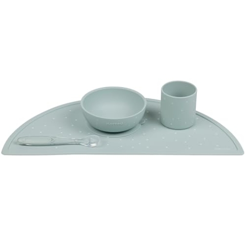 Nattou Silikon-Geschirr für Kinder, 4-tlg., 1 Löffel, 1 Schale mit Deckel, 1 Trinkbecher, 1 Tischset, BPA-frei, Silicone, Grünes Muster