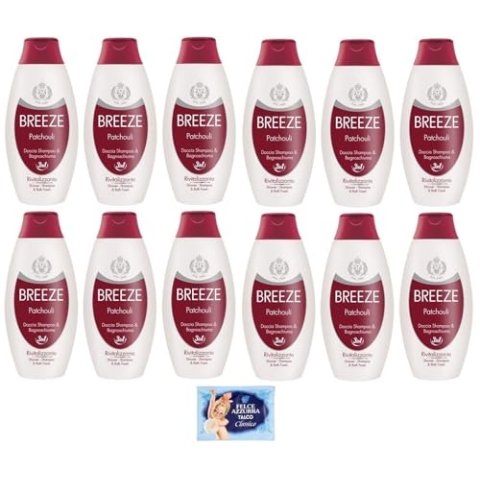 12 x BREEZE Patchouly Dusch-Shampoo und Duschgel, reinigt effektiv Körper und Haar, 400 ml + 1 Beutel Talkum Felce Azzurra 100 g