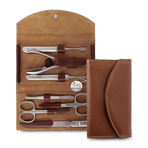 nippes Solingen Classic Premium-Maniküre Set, 7-teilig, Echtes Rindsleder-Nageletui, braun, Edelstahl nickel- & rostfrei, Nagelset, Nagelpflege Set, Made in Solingen/Germany