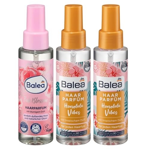 Balea 3er-Set Haarparfum: PINK BLOSSOM pudrig-blumiger Haarduft, verleiht dem Haar natürlichen Glanz ohne zu beschweren, 100 ml + HONOLULU VIBES tropischer Duft für jeden Haartyp, 2 x 100 ml (300 ml)