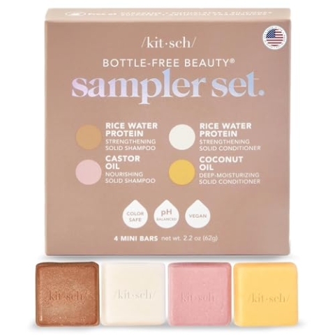 Kitsch 4-teiliges Proben-Set – Reis-Shampoo-Bar – Rizinusöl für Haarwachstum – Conditioner für tiefes Feuchthaltemittel mit Kokosöl, Zero D