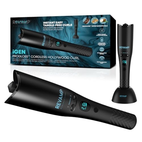 REVAMP iGEN Hollywood Curl kabelloser Lockenstab, automatischer rotierender Haarstyler – Keramik, Ionen-Lockenstab, Hair Waver für kleine Locken oder Beach Waves – Rotierender Wellen-Lockenstab