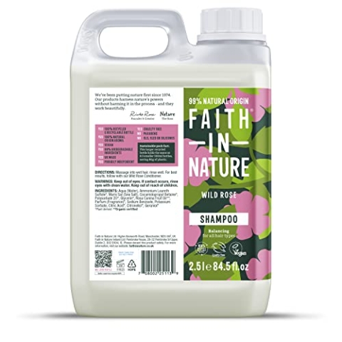 Faith In Nature Natural Wild Rose Shampoo, Restoring, Vegan & Cruelty Free, No SLS or Parabens, For Normal to Dry Hair, 2.5L