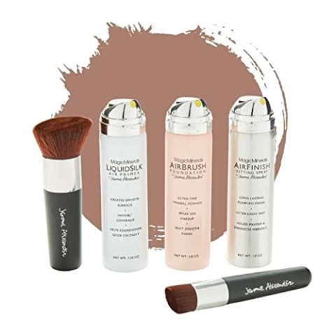 Jerome Alexander Magic Minerals AirBrush Foundation Set 5 St.Foundation + Primer & Fixier Spray + 2 Pinsel – Integriertes Make-up mit Hautpflege feuchtigkeitsspendend (Medium Dark, 50 + 50 + 45 ml)