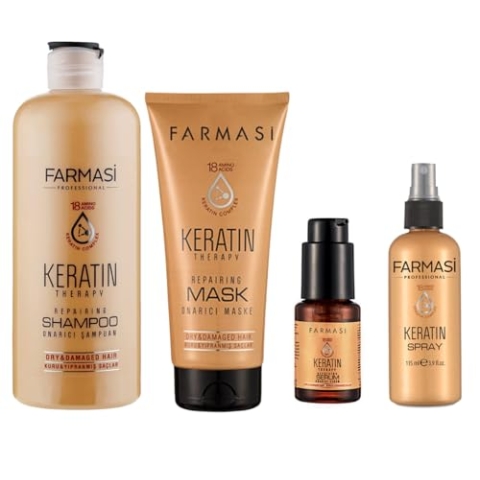FARMASi Keratin-Therapie-Set - Enthält Keratin-infundiertes Shampoo, Haarmaske, Serum und Reparaturspray für tiefe Pflege und Glanz