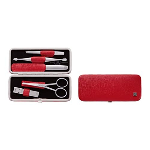 ZWILLING TWINOX Maniküre Pediküre Set 5-teilig, Premium Edelstahl Nagelset für Hände und Füße, Leder mit Metallrahmen, Rot